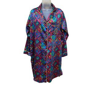 Vintage Adolfo Classics Womens Satin Pajama Shirt With Retro Geometric Print & C